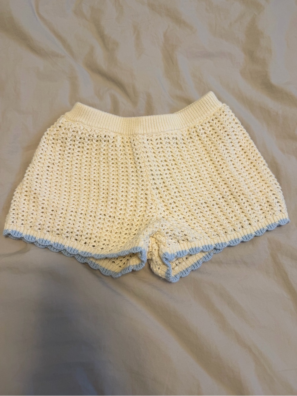 Zara Cream Crochet Shorts with Light Blue Trim